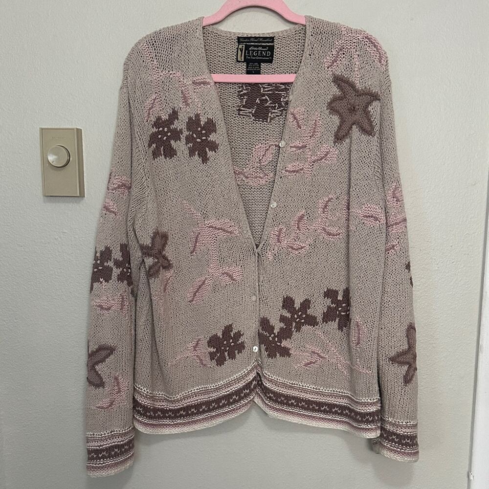 Eddie Bauer Pink and Brown Linen Hand Knit Floral Cardigan